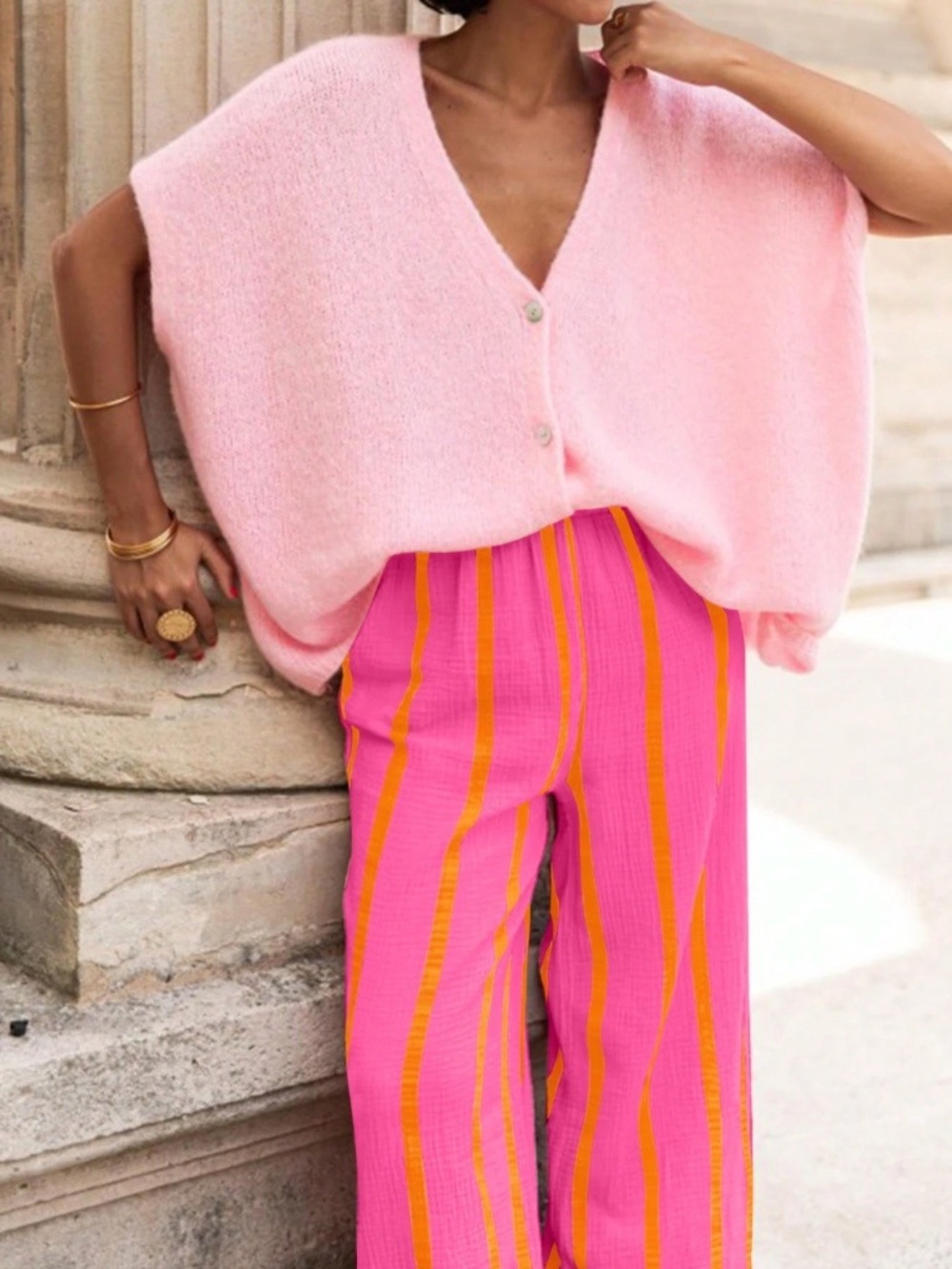 Pink Wide Trousers with Yellow Stripes Elastic Waist Flowy and Light - Picture 5 of 6